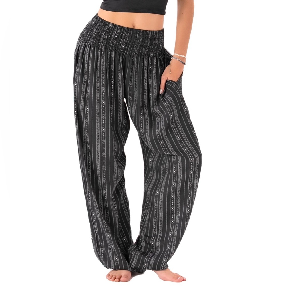 Lotus & Luna Women's Black Striped Harem Pants